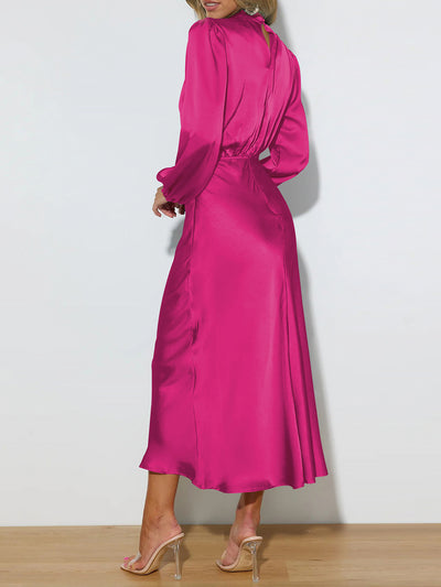 Satin Ruched Long Sleeve Solid Color Midi Dress