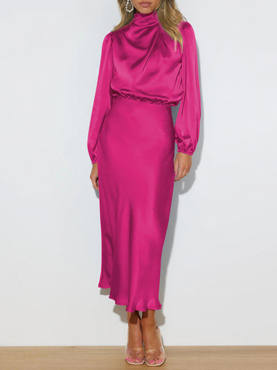 Satin Ruched Long Sleeve Solid Color Midi Dress