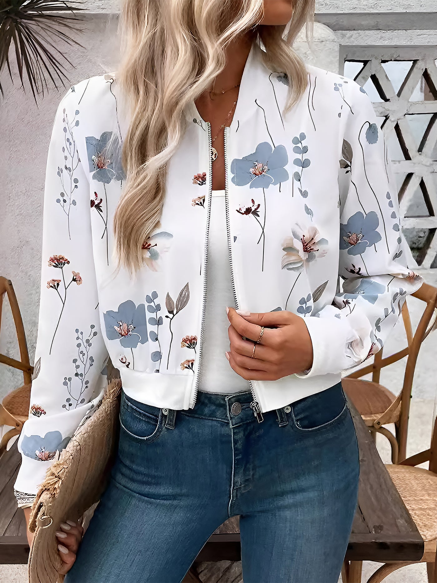 Allegra K Long Sleeves Floral Zipper Front Cropped Bomber Jacket