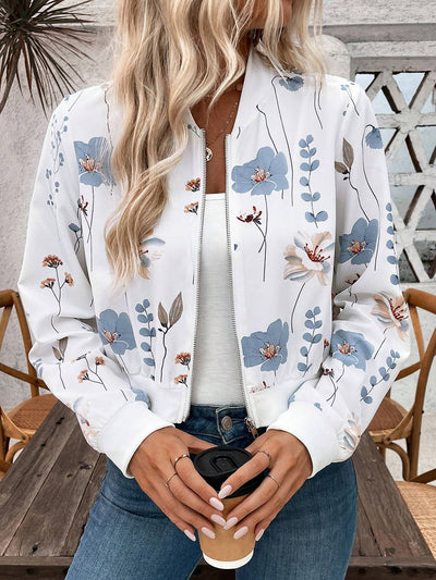 Long Sleeves Floral Zipper Front Cropped Bomber Jacket