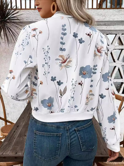 Long Sleeves Floral Zipper Front Cropped Bomber Jacket