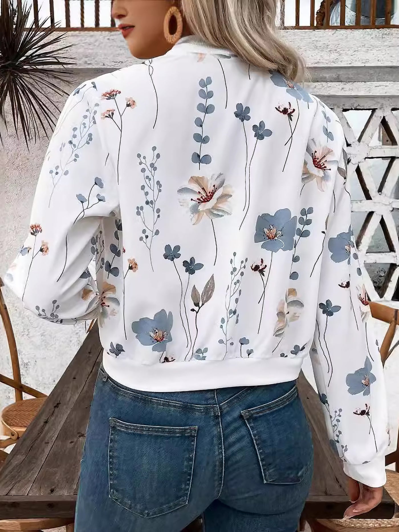 Allegra K Long Sleeves Floral Zipper Front Cropped Bomber Jacket