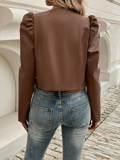 Puff Long Sleeves Faux Leather Open Front Copped Jacket