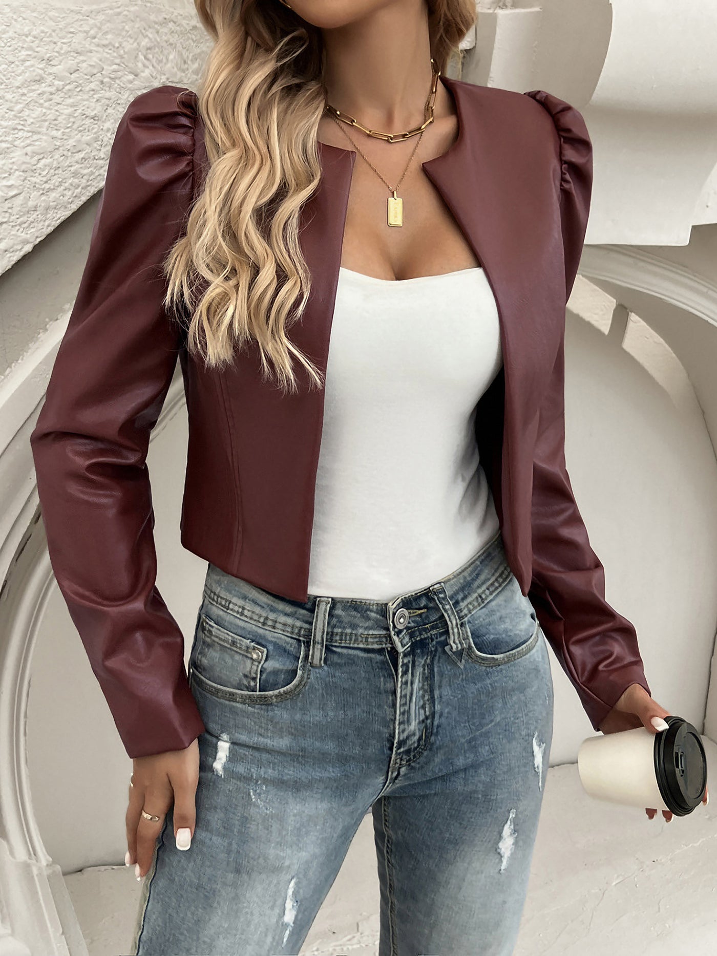 Allegra K Puff Long Sleeves Faux Leather Open Front Copped Jacket