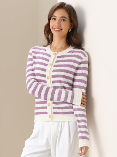 Women's Knit Cardigan Sweaters Striped Open Front Button Up Cardigans Casual Lady Jackets