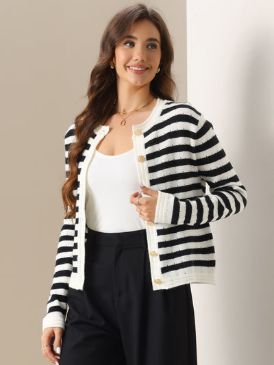 Women's Knit Cardigan Sweaters Striped Open Front Button Up Cardigans Casual Lady Jackets