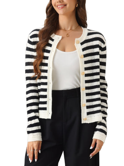 Women's Knit Cardigan Sweaters Striped Open Front Button Up Cardigans Casual Lady Jackets