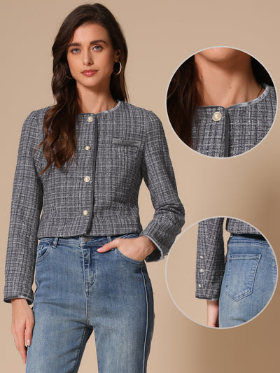 Tweed Plaid Round Neck Faux Pearl Button Long Sleeve Cropped Jacket