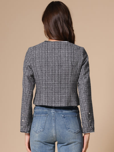 Tweed Plaid Round Neck Faux Pearl Button Long Sleeve Cropped Jacket