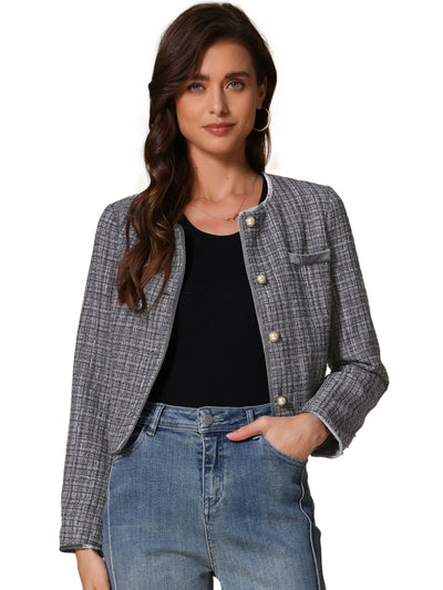 Tweed Plaid Round Neck Faux Pearl Button Long Sleeve Cropped Jacket