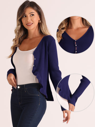 Long Sleeve Buttons Stretchy Ruffle V Neck Knit Tops