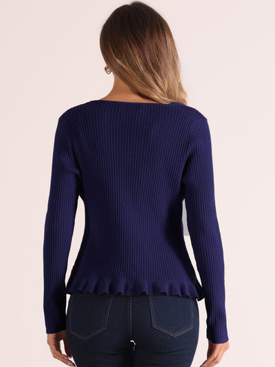 Long Sleeve Buttons Stretchy Ruffle V Neck Knit Tops