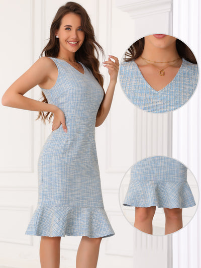 Tweed Sleeveless V Neck Ruffles Midi Plaid Dress