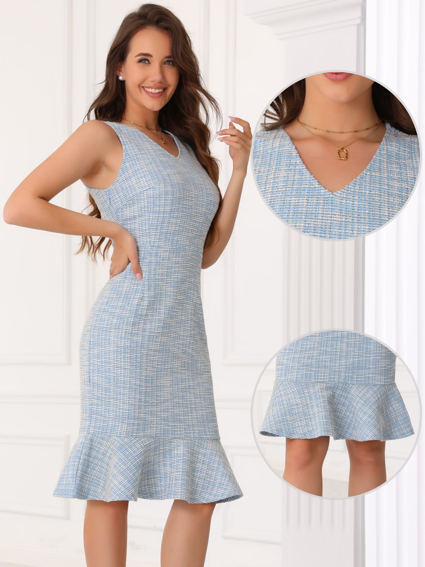 Allegra K Tweed Sleeveless V Neck Ruffles Midi Plaid Dress