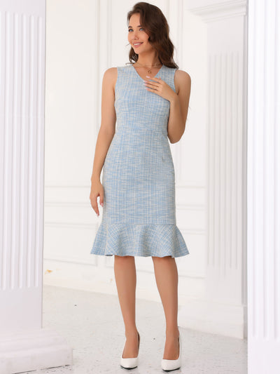 Tweed Sleeveless V Neck Ruffles Midi Plaid Dress