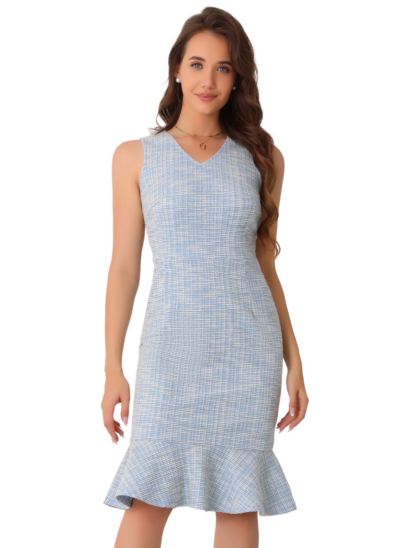 Allegra K Tweed Sleeveless V Neck Ruffles Midi Plaid Dress