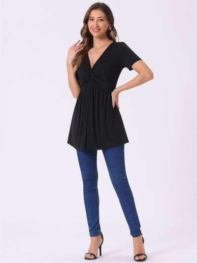 Ruched Front Knot V Neck Short Sleeve Tunic Blouse