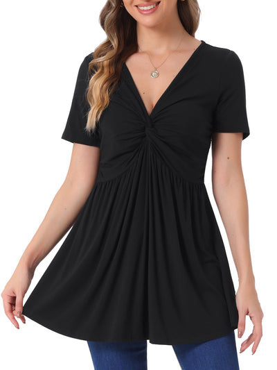 Ruched Front Knot V Neck Short Sleeve Tunic Blouse