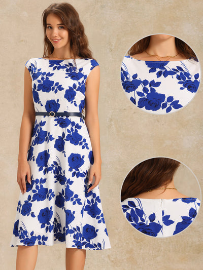 Floarl Cap Sleeve Belted A-Line Midi Dress