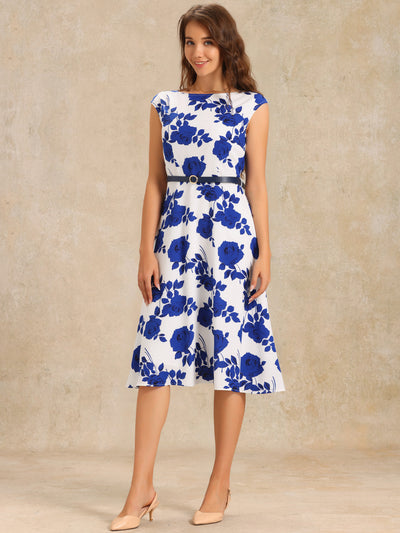 Floarl Cap Sleeve Belted A-Line Midi Dress