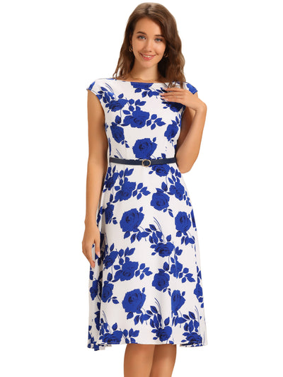 Floarl Cap Sleeve Belted A-Line Midi Dress