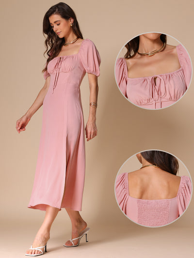 Puff Sleeve Maxi Dress for Women's Square Tie Neck Split Smocked Boho Split Long Dress