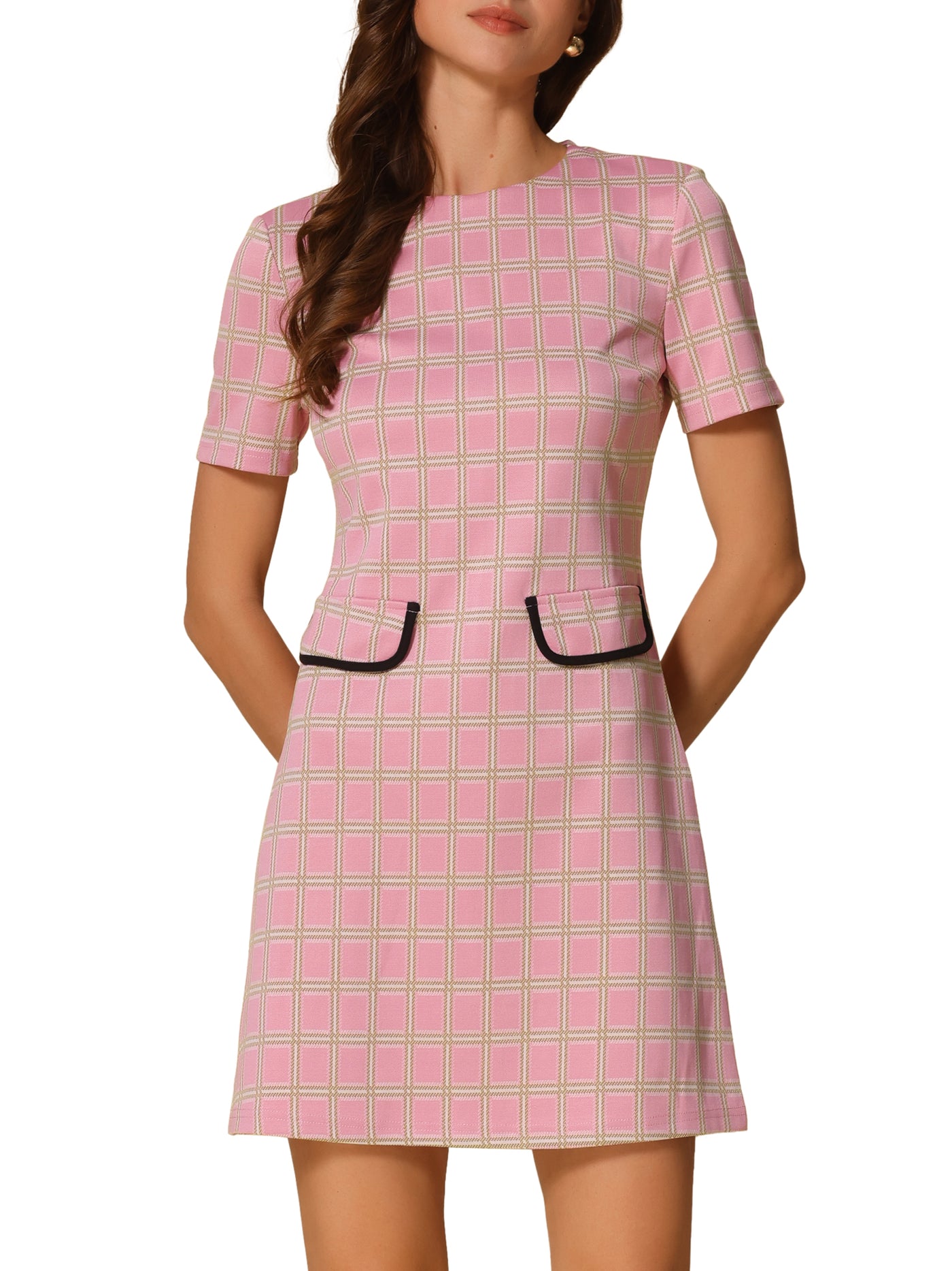 Allegra K Work Short Sleeve Vintage Houndstooth Pencil Sheath Dress