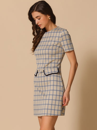 Work Short Sleeve Vintage Houndstooth Pencil Sheath Dress