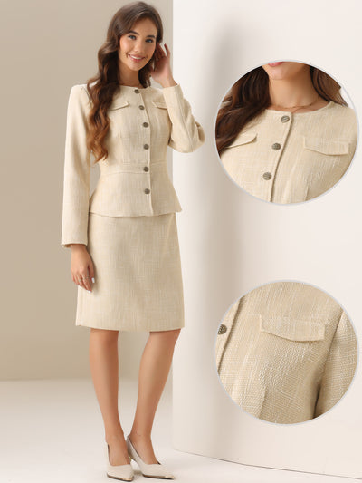 2 Pieces Tweed Peplum Collarless Jacket and Midi Skirt Sets