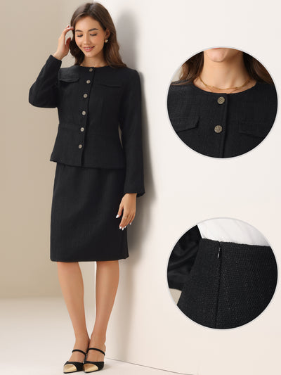 2 Pieces Tweed Peplum Collarless Jacket and Midi Skirt Sets