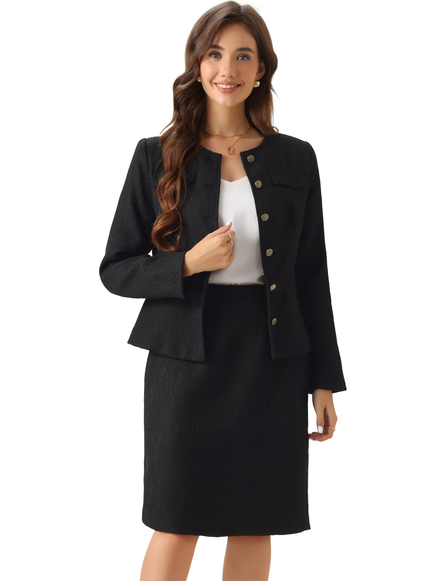 Allegra K 2 Pieces Tweed Peplum Collarless Jacket and Midi Skirt Sets