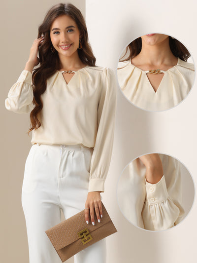 Chain Key Hole Puff Long Sleeves Work Blouse