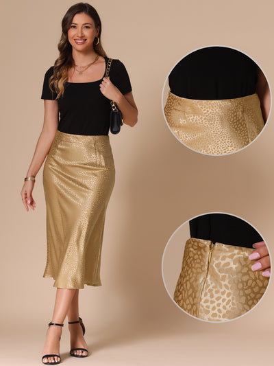 Satin Leopard High Waist Elastic Midi Skirt