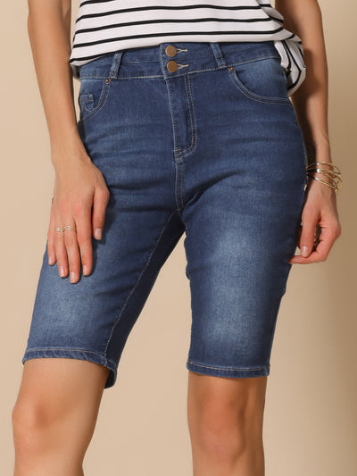 Denim Pocketed Mid-Length Causal Jean Shorts