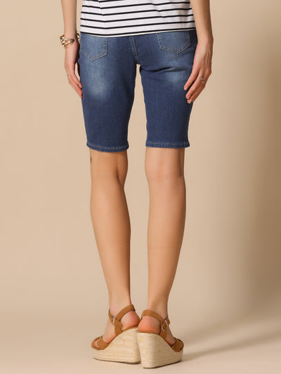 Denim Pocketed Mid-Length Causal Jean Shorts