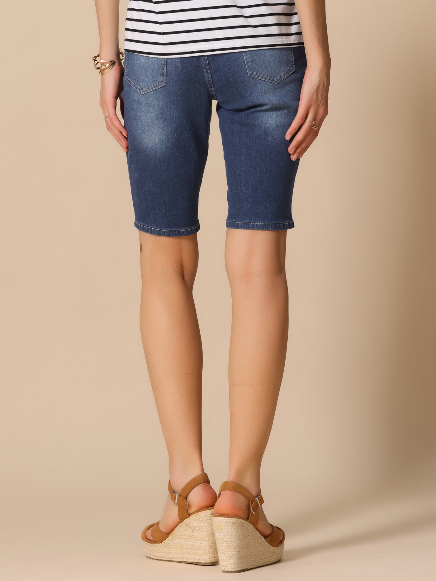 Allegra K Denim Pocketed Mid-Length Causal Jean Shorts