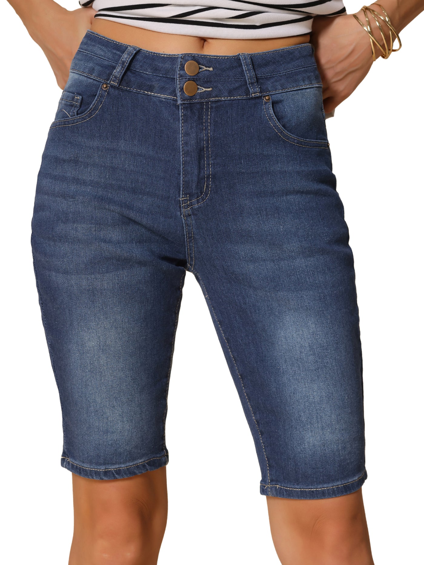 Allegra K Denim Pocketed Mid-Length Causal Jean Shorts