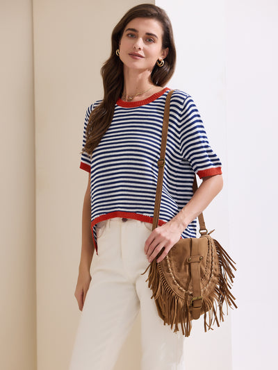 Allegra K Colorblock Striped Short Sleeve Knitted Top