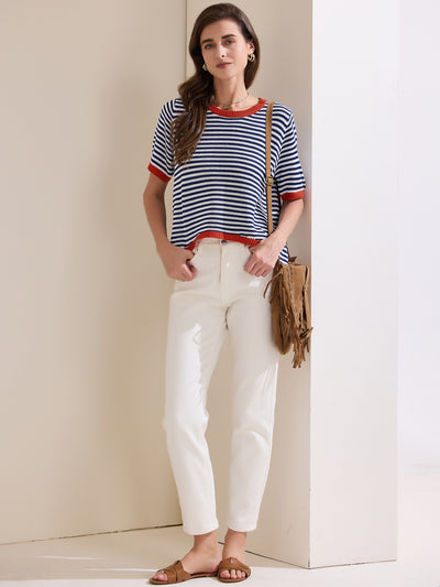 Colorblock Striped Short Sleeve Knitted Top