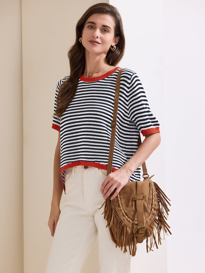 Colorblock Striped Short Sleeve Knitted Top