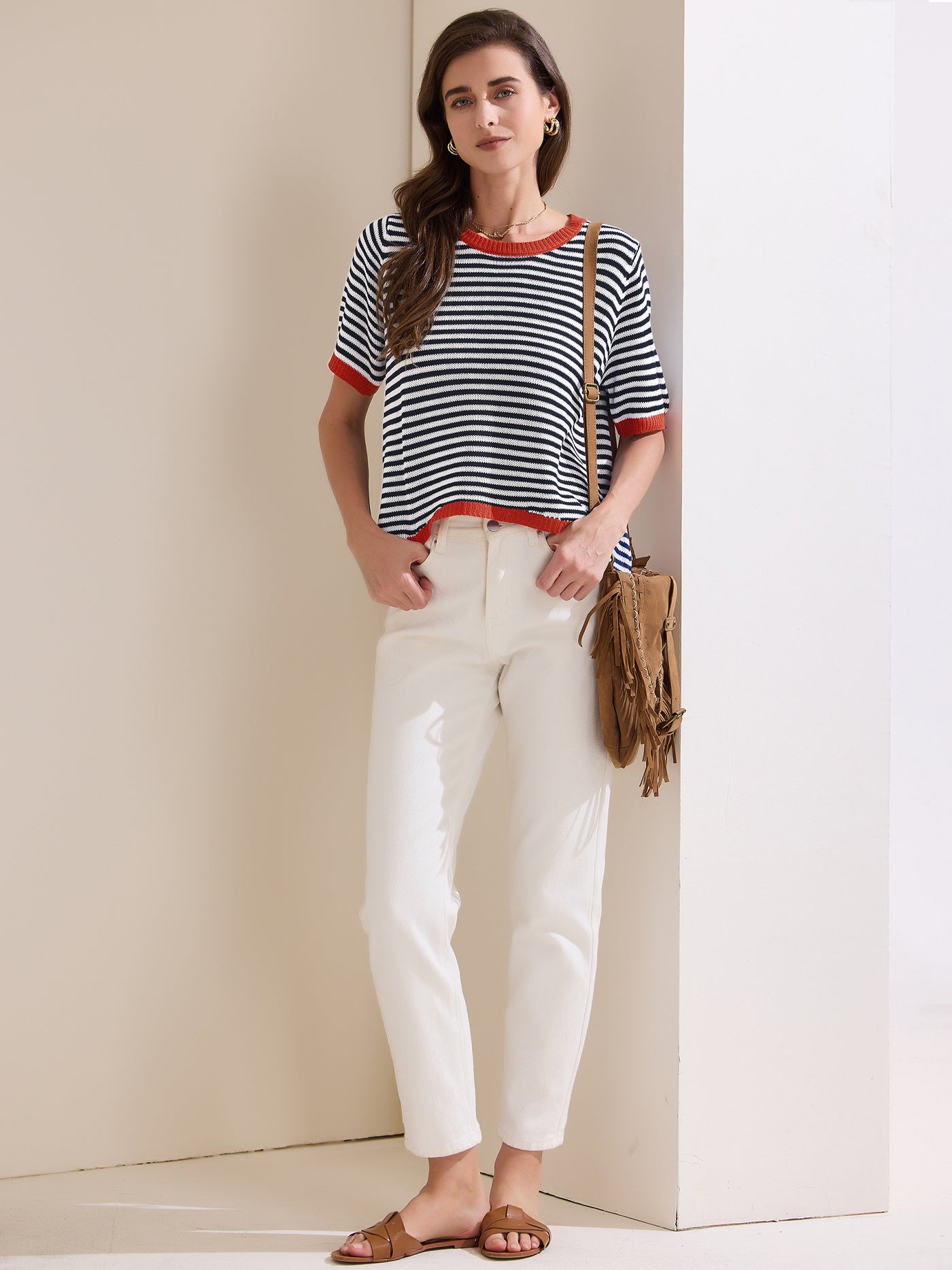 Allegra K Colorblock Striped Short Sleeve Knitted Top