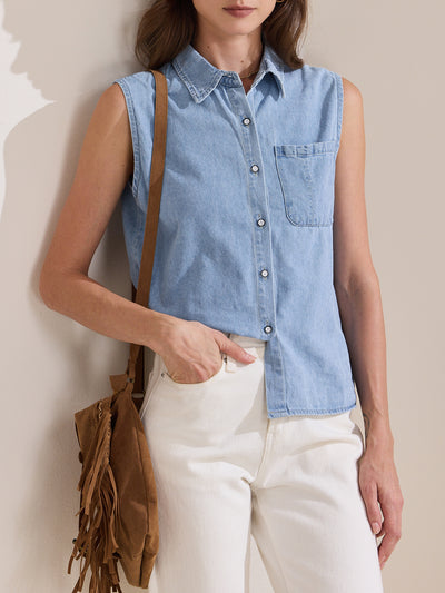 Collared Sleeveless Denim Button Down Pocket Blouse