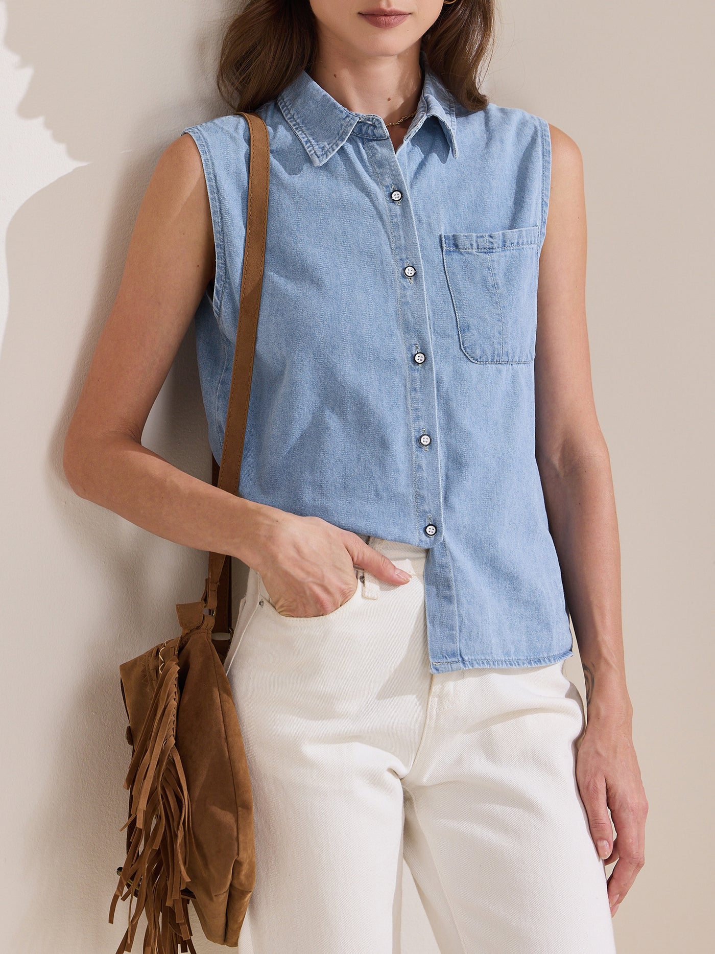 Allegra K Collared Sleeveless Denim Button Down Pocket Blouse