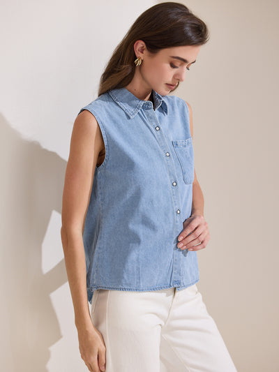 Allegra K Collared Sleeveless Denim Button Down Pocket Blouse