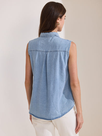 Collared Sleeveless Denim Button Down Pocket Blouse