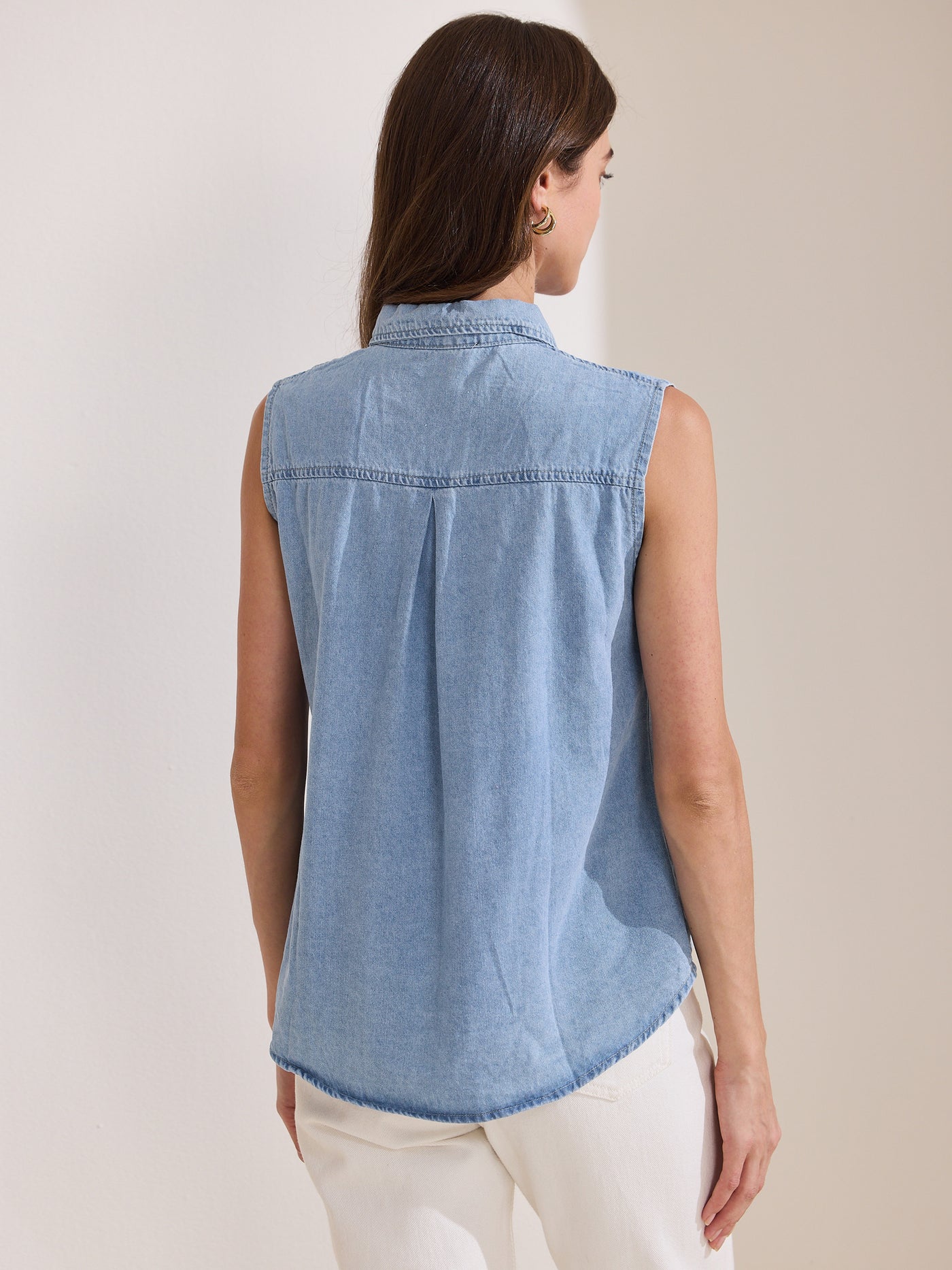 Allegra K Collared Sleeveless Denim Button Down Pocket Blouse