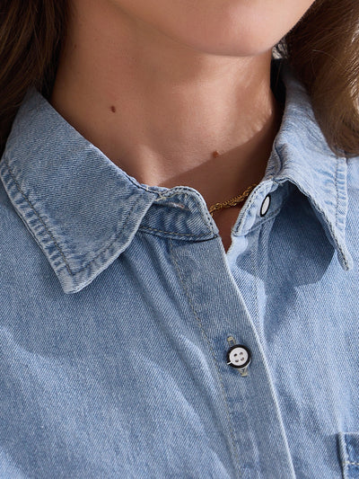 Collared Sleeveless Denim Button Down Pocket Blouse