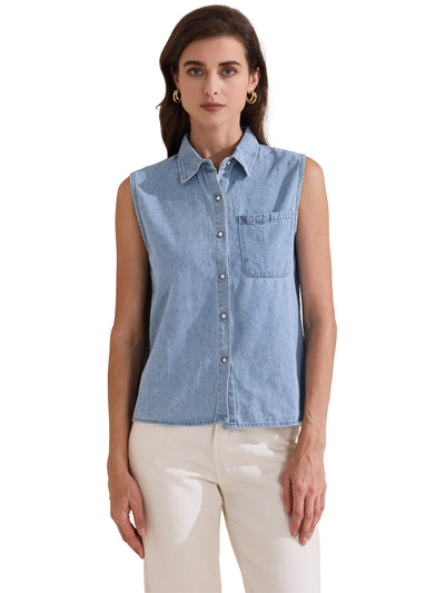 Collared Sleeveless Denim Button Down Pocket Blouse