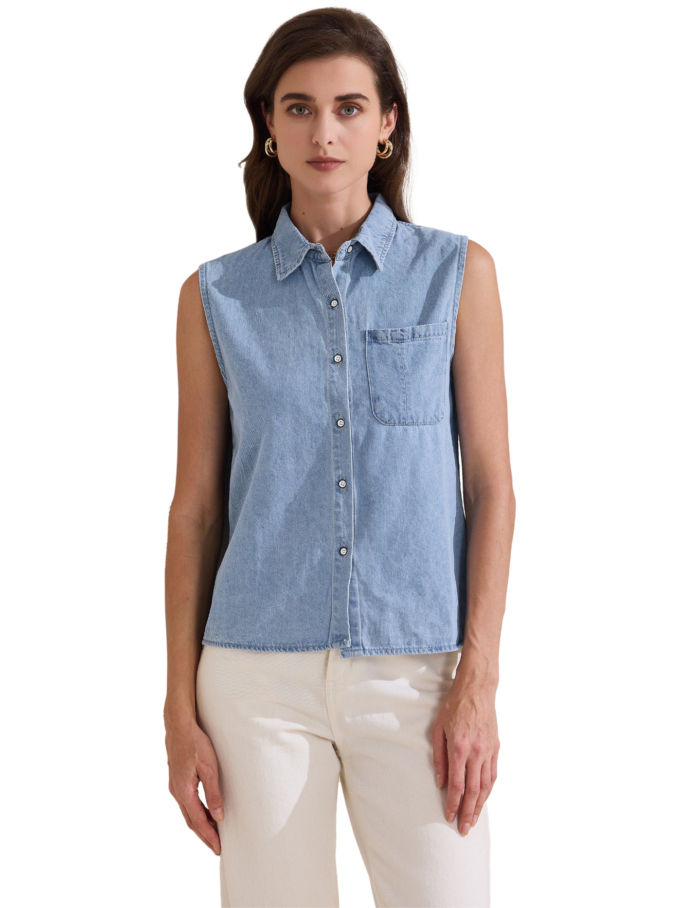 Allegra K Collared Sleeveless Denim Button Down Pocket Blouse