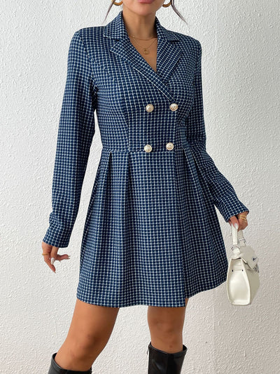 Allegra K Notched Lapel Plaid Long Sleeves A-Line Mini Dress